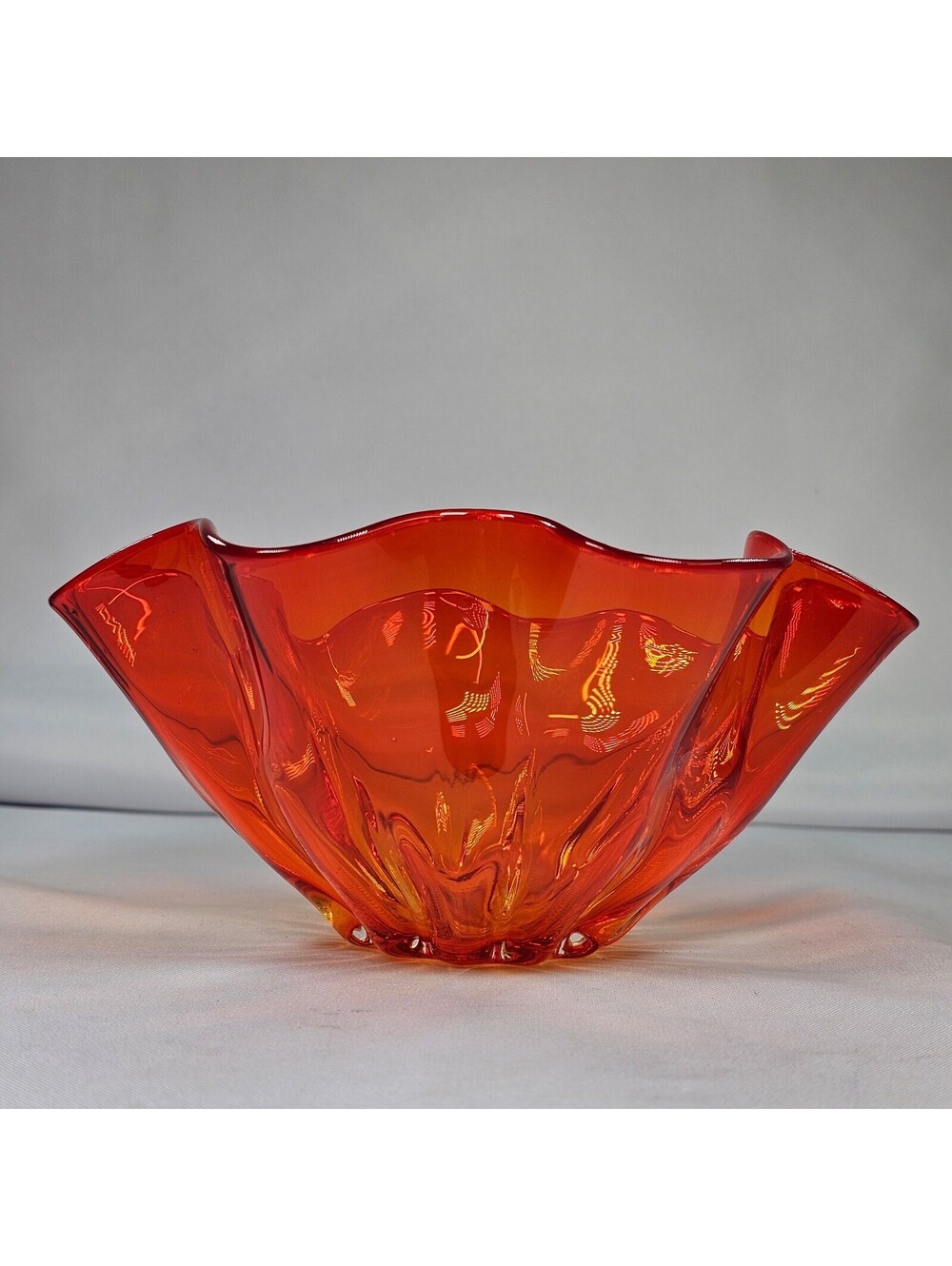 Lefton Exclusives Japan Amberina Art Glass Ruffled Bowl Orange Red Mid Century